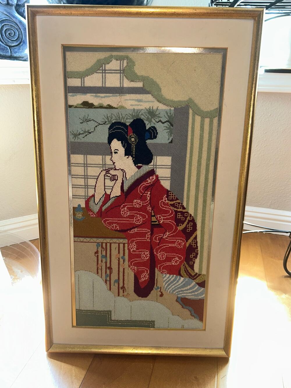 Vintage Handmade needlepoint Geisha Kimono Wool Gold Framed 26x15”